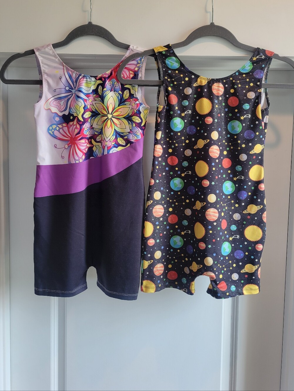 Lot Of 2 Girls' Colorful Floral and Space Print Gymnastics Biketards
